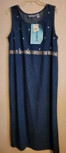 Long Denim Jean Dress LARGE Sleeveless Rhinestone Casual Country Western NEW - Picture 1 of 10