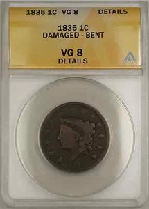 1835 Coronet Head Large Cent 1C Coin ANACS VG 8 Details Damaged Bent - Picture 1 of 2