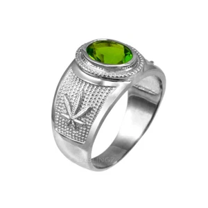 Sterling Silver Marijuana Weed Leaf Band August Birthstone Light Green CZ Ring - Picture 1 of 3
