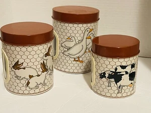 Juego de 3 contenedores de lata vintage Takahashi para animales de granja anidación Japón - Imagen 1 de 12