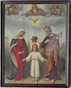 Antique Rare Holy Family Icon Madonna Jesus St. Joseph Holy Spirit Angels - Picture 1 of 8