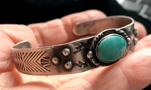 VINTAGE NATIVE AMERICAN FRED HARVEY STERLING TURQUOISE BRACELET - Picture 1 of 12