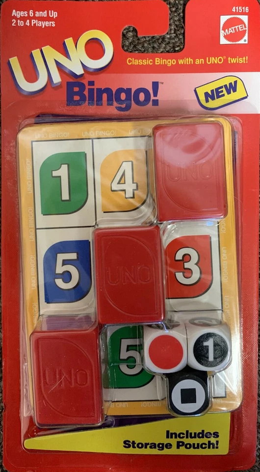 Rare Mattel Bingo Uno 1998 Classic Vintage Game Ages 6 & Up Card Dice with Pouch - Image 1 of 2