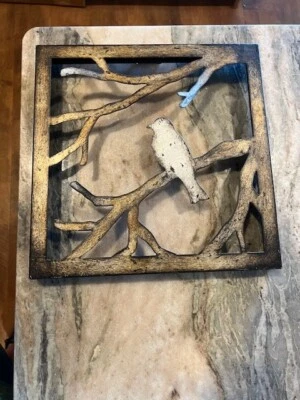 2 Wall ART Square Decor Cut Out Metal Bird Rustic Brass with SILVER Birds 11" - Image 1 of 4