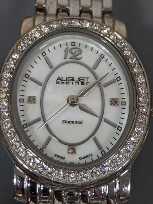 August Steiner White MOP Dial Crystal Accent Oval Case Stainless Steel Watch - Image 1 of 4