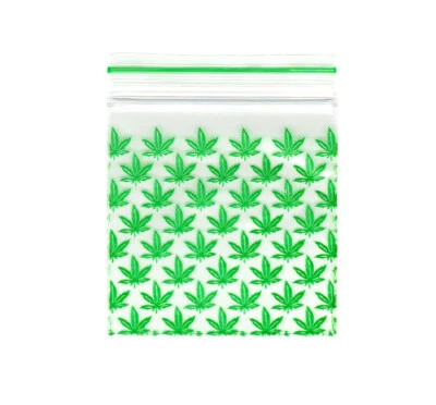 50mm Smelly Proof Baggies  Grip Seal  Multi Green Leaf Print Pattern  Reseala - Image 1 of 4