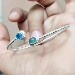 London Blautopas mit Labradorit Edelstein 925 Sterling Silber offener Armreif... - Bild 1 von 7
