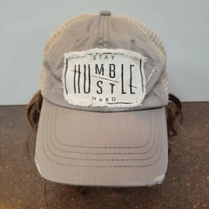 Mega Cap Stay Humble Hustle Trucker Hat Men's Gray Beige Meshback Adjustable Cap - Picture 1 of 7
