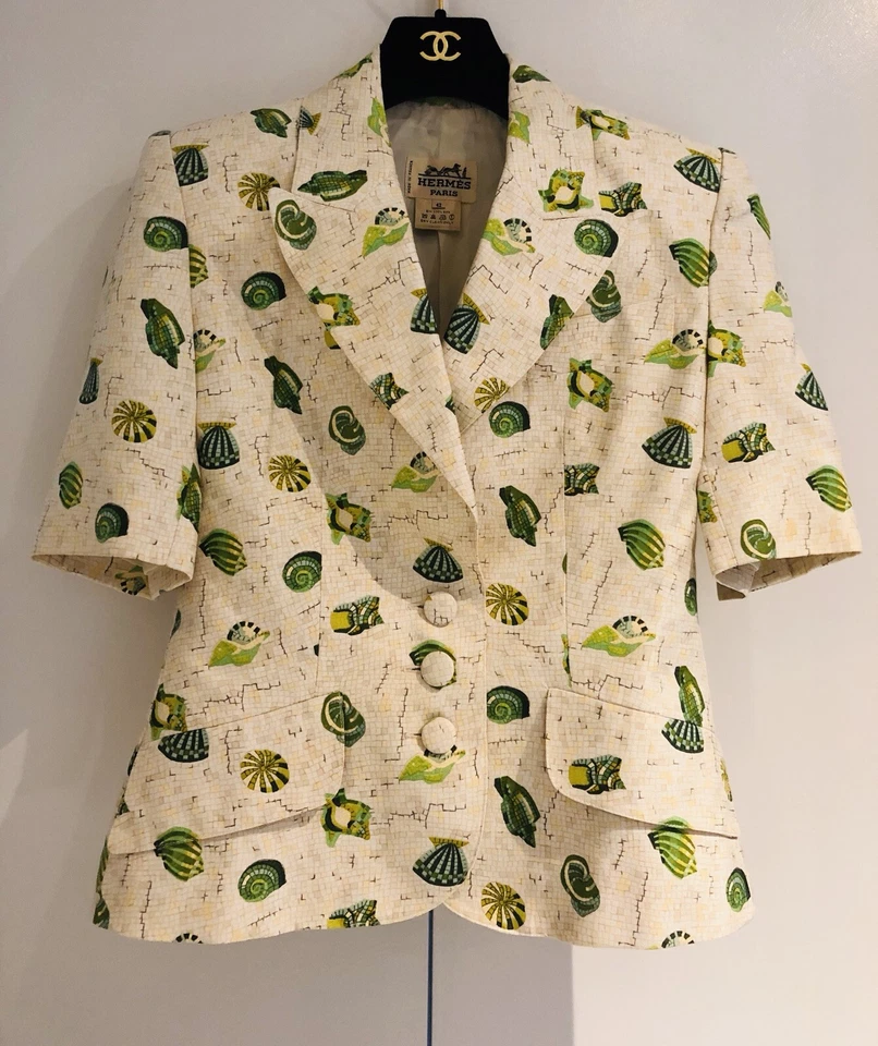 HERMES Paris Crema Verde Seda Mosaico Náutico Concha Mujer’s Falda Chaqueta Traje Foto 1 de 4