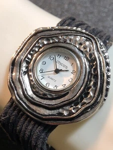 Chicos Women’s Decorative Bracelet Watch Silver Tone Black Band New Battery - Picture 1 of 24