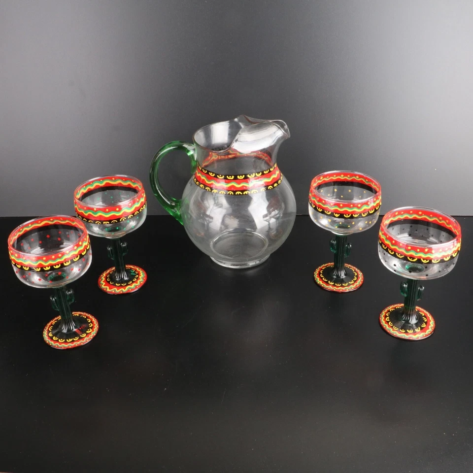 Jarra de vidrio mexicano Margarita diseño naranja rojo con 4 vasos Foto 1 de 4