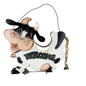 Vintage Cow wearing Glasses Wood, Rope tail, Hanging Welcome Sign Painted - Picture 1 of 6