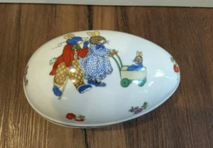 Lefton Egg Ceramic Container Easter Bunnies Couple Walking Stroller Flowers - Picture 1 of 6