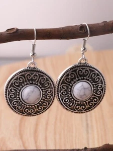 Cute New Silver Fashion Jewelry Round Howlite Framed Circle Hook Dangle Earrings - Picture 1 of 4