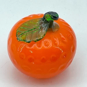 VINTAGE Murano Style Art Glass Orange Figurine Blown Fruit Green Leaf Decor 3" - Picture 1 of 6