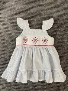 Stitchy Fish Smocked Fireworks Dress Flutter Sleeves Baby Girl 12 Months Patriot - Picture 1 of 9