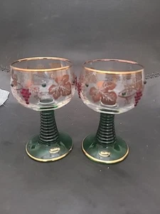 Vintage Jeweled Bockling Glasses Beehive Green Stem Gold Rim Germany Set 2 Cups - Picture 1 of 7