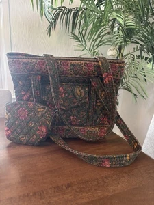 Bolso de Mano Vera Bradley Vintage Años 90 Y Bolso de Maquillaje Floral Verde Pin 2 Piezas - Imagen 1 de 12