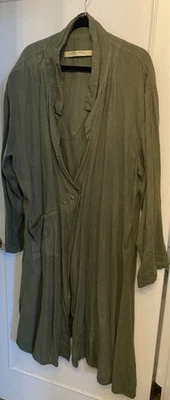 Casaco espanador raro vintage Cynthia Ashby "Bloom Trench" linho verde, tamanho 2 G/XL - Imagem 1 de 4