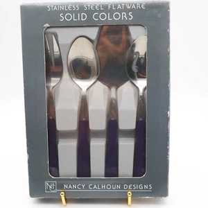 Vtg '80s Nancy Calhoun Solid Colors Stainless Flatware Hostess Serving Set Plum - Picture 1 of 3