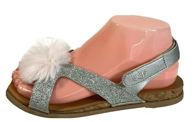 Sandalias UGG Brillo Niñas Talla 5 Rosa Pom Pom Plata Brillante Correa de Tobillo  Foto 1 de 4