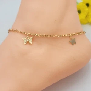 18K Gold Plated Butterfly charms with Bead Bell ANKLET. Tobillera Oro Laminado - Picture 1 of 6