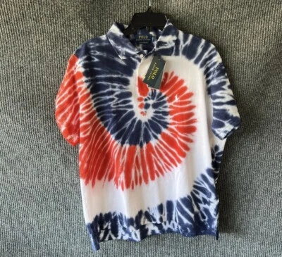 Camisa polo masculina tingida vermelha branca azul nova com etiquetas Ralph Lauren tamanho XL - Imagem 1 de 2
