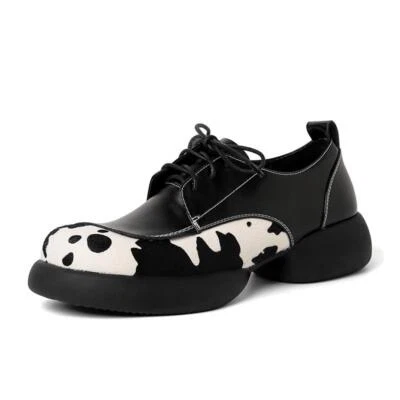 Womens Round Toe Milk Pattern Leather Pump Lace Up Block Chunky Creepers Loafers - Image 1 of 4