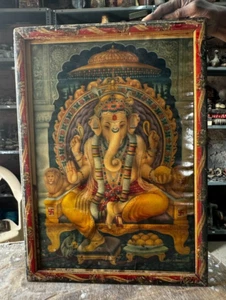 Antique Rare Wooden Framed 20" 15" Hindu Lord Shri Ganesha Old Lithograph Print - Picture 1 of 9