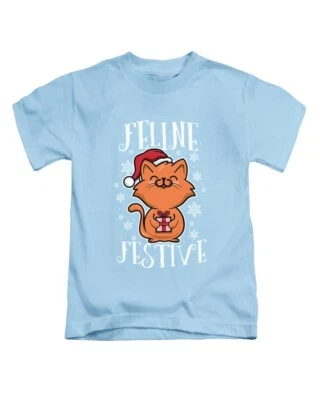 Feline Festive Kids Christmas T-Shirt Cute Cat Tee Xmas Childrens Top New - Image 1 of 3