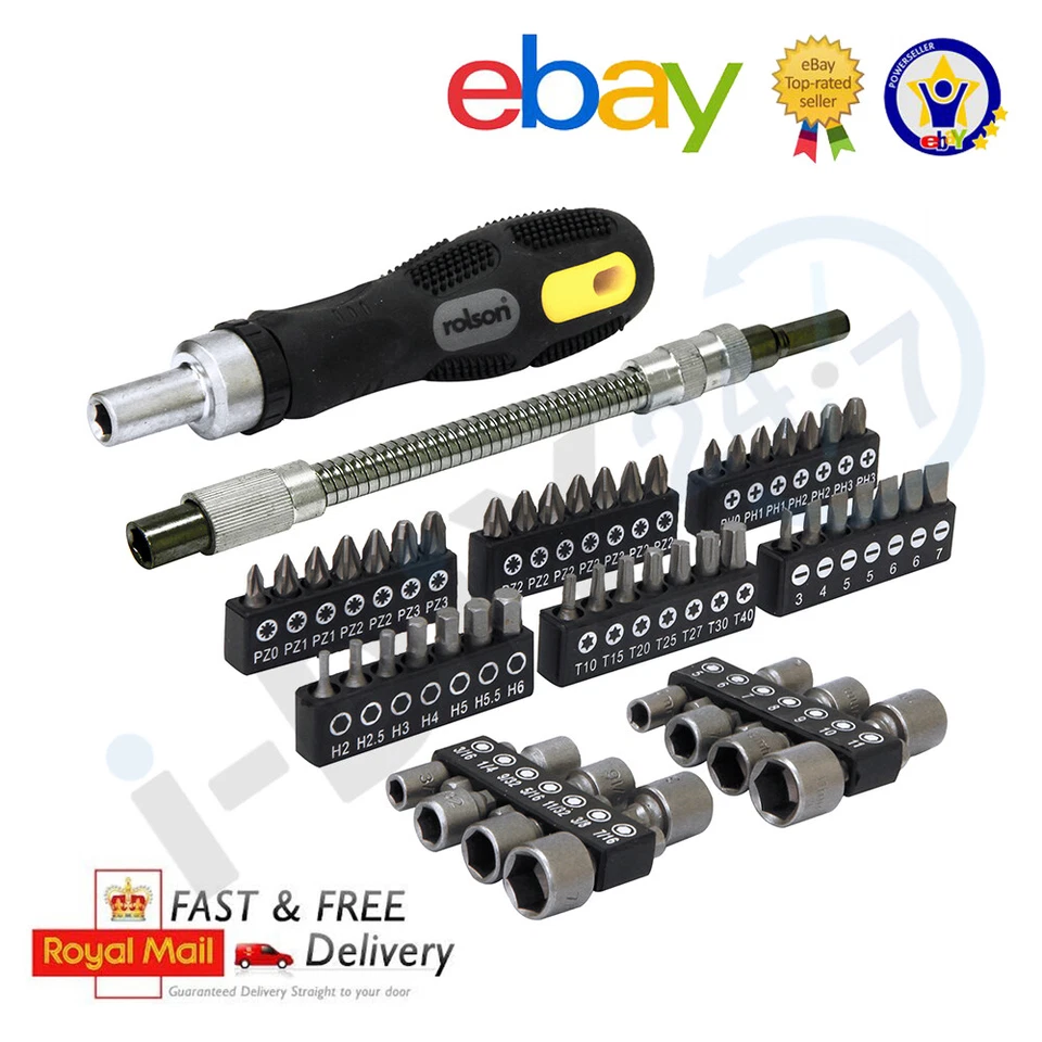 Rolson 58pc Flexible Flexi Shaft Ratchet Screwdriver and Bit Set - Image 1 of 1