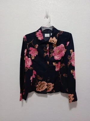 Emma James Liz Claiborne Vintage 90s Navy Pink Floral Print Button Front Jacket - Image 1 of 4