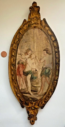 antique wood architectural SALVAGE vtg painting oval mirror gold plaque ornament Cover