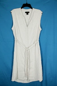 TAHARI Linen Blend IVORY/BROWN STRIPE Belted SLEEVELESS Button-Up SHIRT DRESS 14 - Picture 1 of 6