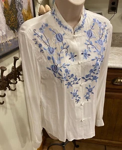 Blusa Blanca Bordada Azul Flores y Encaje Mangas Largas S - Imagen 1 de 10