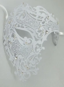 White Phantom Laser Cut Venetian Mask Masquerade Metal Men Filigree - Picture 1 of 3