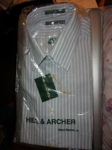 NEU HILL & ARCHER GRÖSSE 15 KNOPFLEISTE KURZARM BLAU-WEISSE GESTREIFT - Bild 1 von 4
