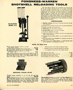 1972 Print Ad of Ponsness-Warren Du-O-Matic 375 Shotshell Reloader - Picture 1 of 2