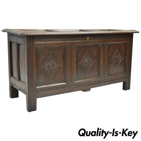19th C. Three Panel Hand Carved Solid Oak European Coffer Blanket Chest Trunk Cover