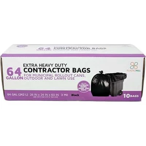 64 Gallon Contractor Bags: Black, 3 Mil, 50x60, 10 Bags/Case. - Picture 1 of 3