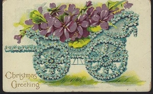 Christmas Greetings Floral Cart Filled Violets Vintage Holiday Postcard - Picture 1 of 2
