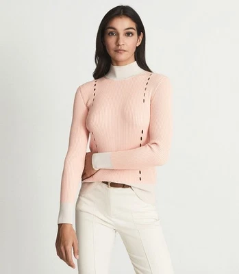 REISS Womens Cala High Neck Rib Knit Top in Pink Size S - Image 1 of 4