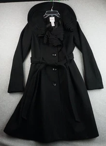 Candie's Frill Collar Wool Trench Coat - Black, with Belt - Size Medium Frilled - Picture 1 of 7