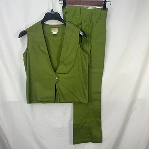 VINTAGE 60S PRIOR WESTERNS DENVER MOSS GREEN VEST & BELL BOTTOM SET 26" WAIST - Picture 1 of 16