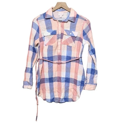 Isabel Maternity Womens Check Plaid Popover Tunic Size XS Purple Pink Tie Waist - Image 1 of 4