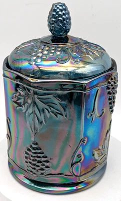 Indiana Carnival Glass Blue Iridescent Canister Grapes - Image 1 of 4