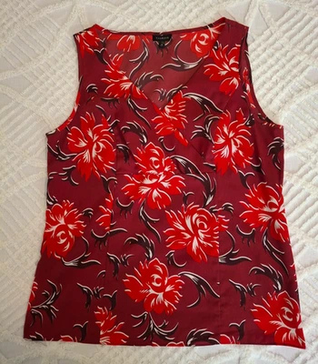 Talbots Women's Size 10 Sleeveless V-Neck Red & Maroon Floral Side Zip Blouse - Image 1 of 4