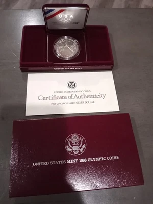 1988- Proof Olympic Silver Dollar US Mint Commemorative Coin + Box & COA - Image 1 of 4