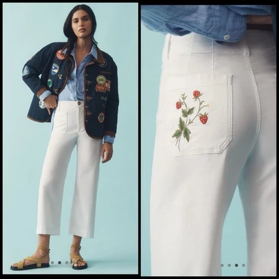 Maeve Colette Size 26 White Crop Pants Strawberry Embroidered Anthropologie - Image 1 of 4