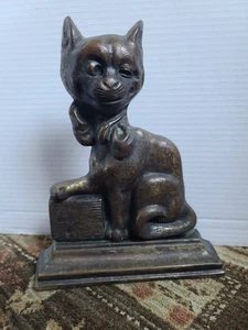 Antique VTG Brass Ye Cheshire Cat Doorstop Bookend Alice In Wonderland England - Picture 1 of 24